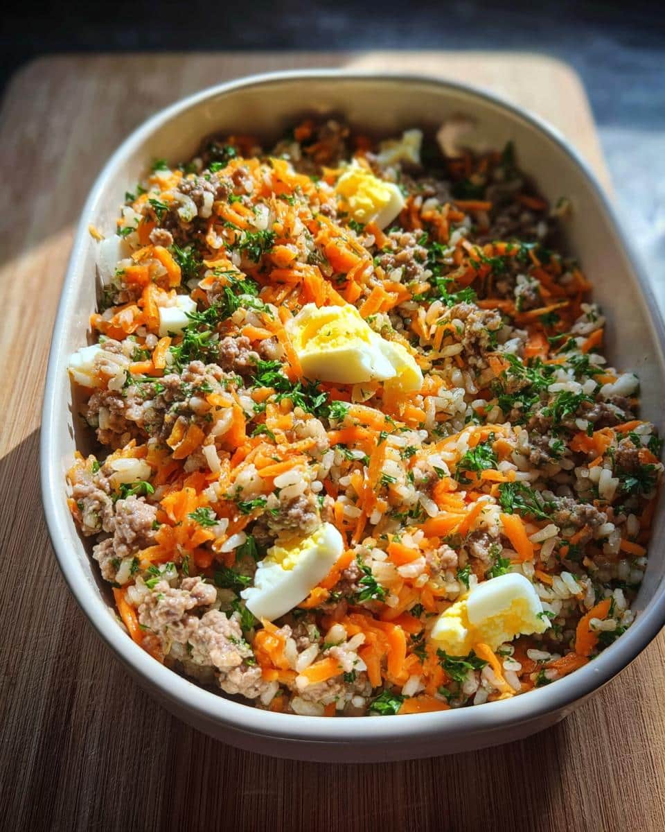 Homemade dog food featuring beef, rice, shredded carrots, and hard-boiled egg pieces.