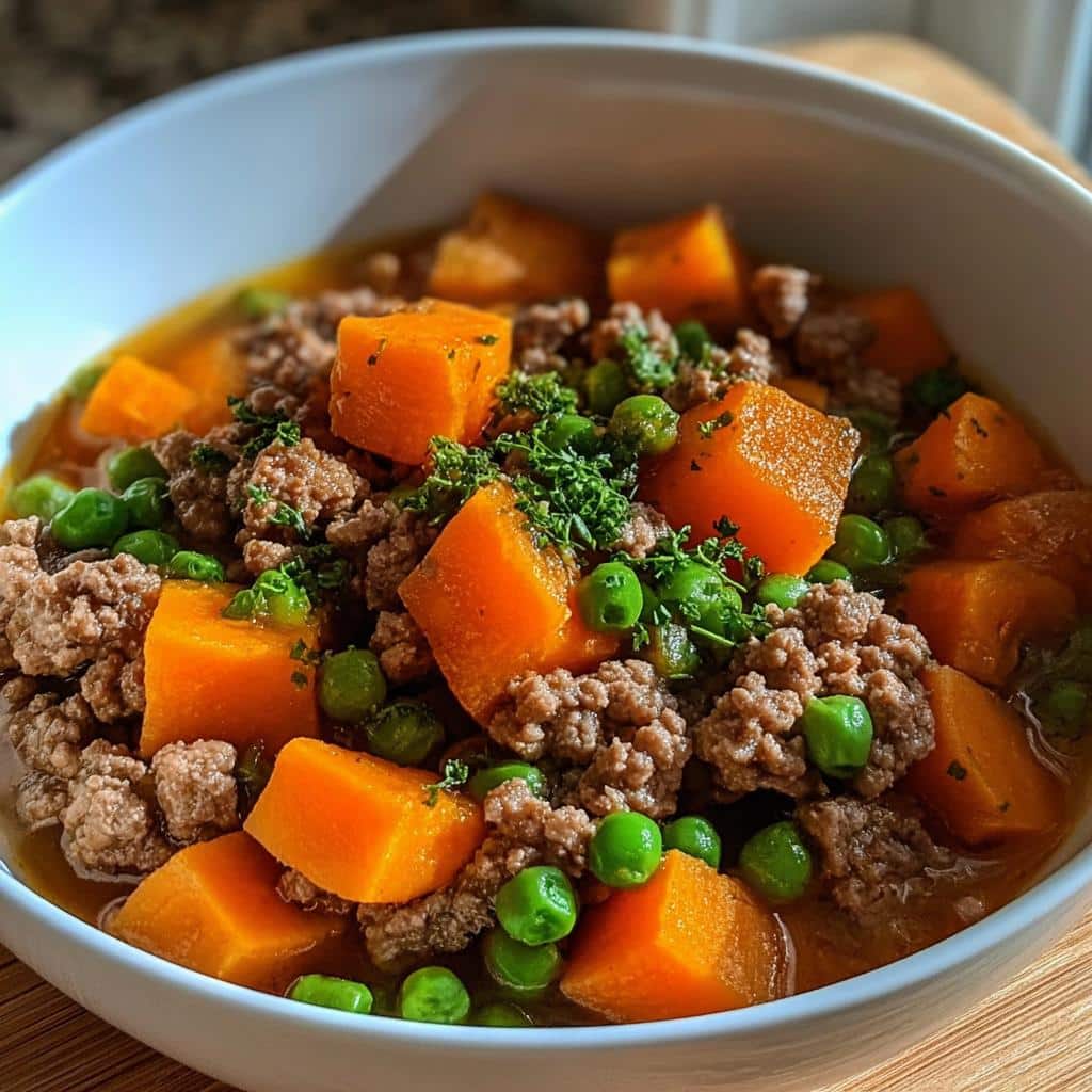 Close-up of homemade dog food featuring ground beef, bright orange sweet potato chunks, and green peas.