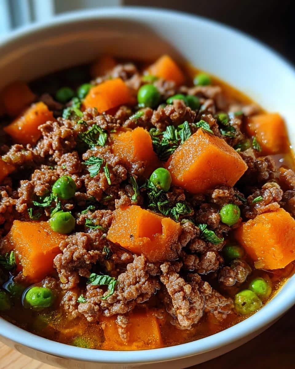 Close-up of homemade dog food featuring ground beef, large chunks of sweet potato, and green peas.