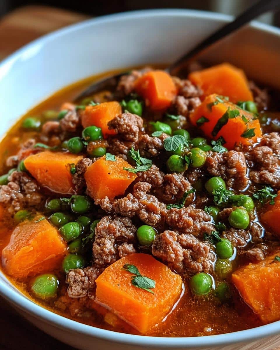 Close-up of homemade Beef, Sweet Potato Homemade Dog Food with peas, garnished with herbs.