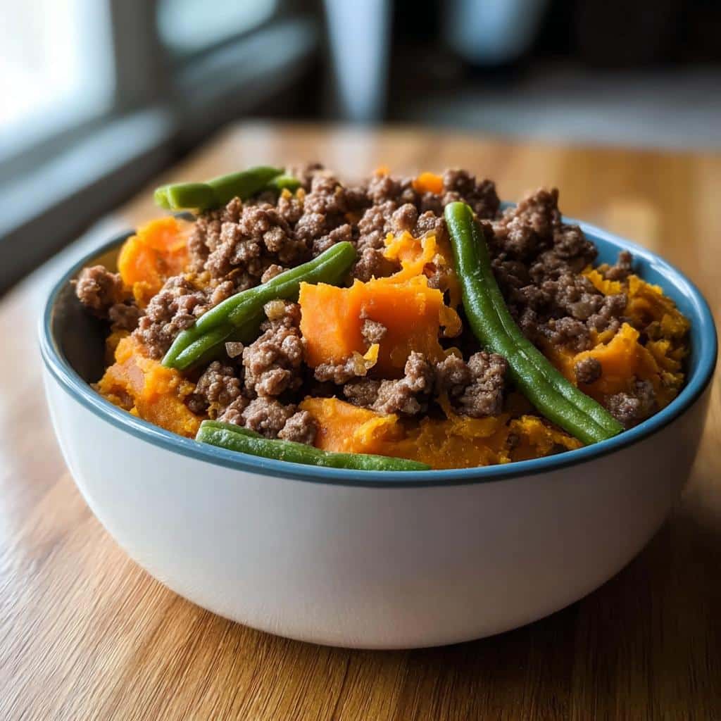 A bowl of homemade dog food featuring mashed sweet potato, ground beef, and green beans, perfect for Homemade Dog Food Recipes Crockpot.