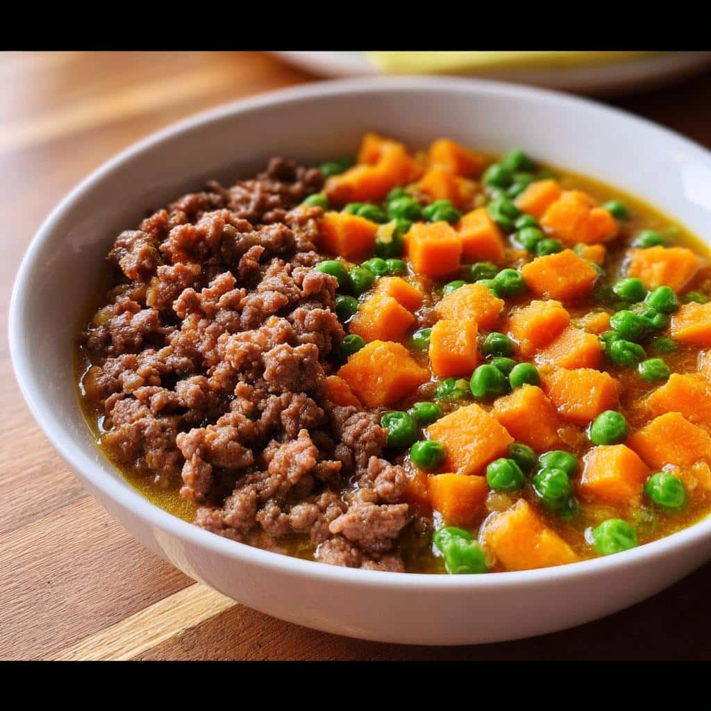 A white bowl filled with homemade Beef and Sweet Potato Farmer’s Dog Food Recipe, showing ground beef next to diced sweet potatoes and peas.