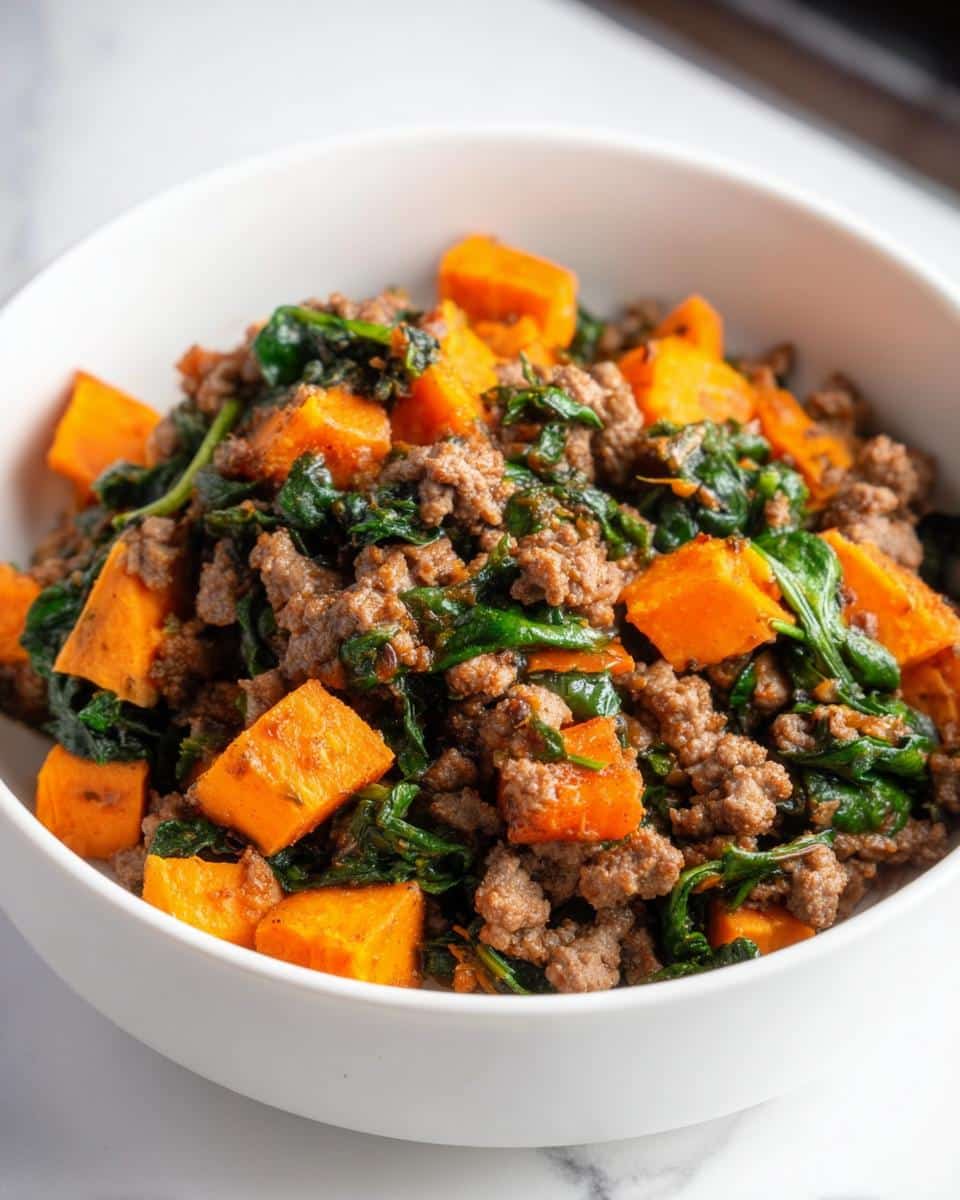 Close-up of a white bowl filled with the Beef and Sweet Potato Medley dog recipe, featuring ground beef, orange sweet potato chunks, and green spinach.