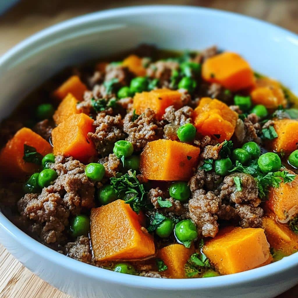 Close-up of homemade Beef, Sweet Potato & Peas Mini-Batch Dog Food in a white bowl.