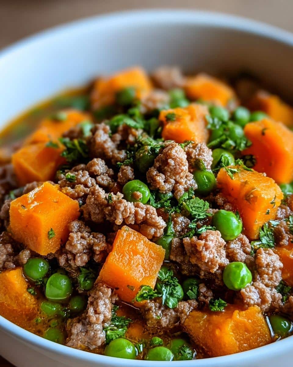 Close-up of homemade Beef, Sweet Potato & Peas Mini-Batch Dog Food in a white bowl.