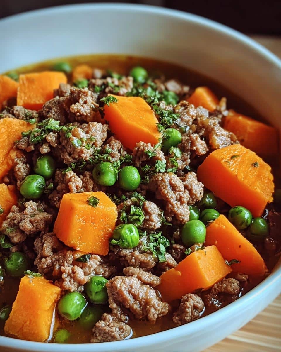 Close-up of homemade Beef, Sweet Potato & Peas Mini-Batch Dog Food with ground beef, bright orange sweet potato chunks, and green peas.