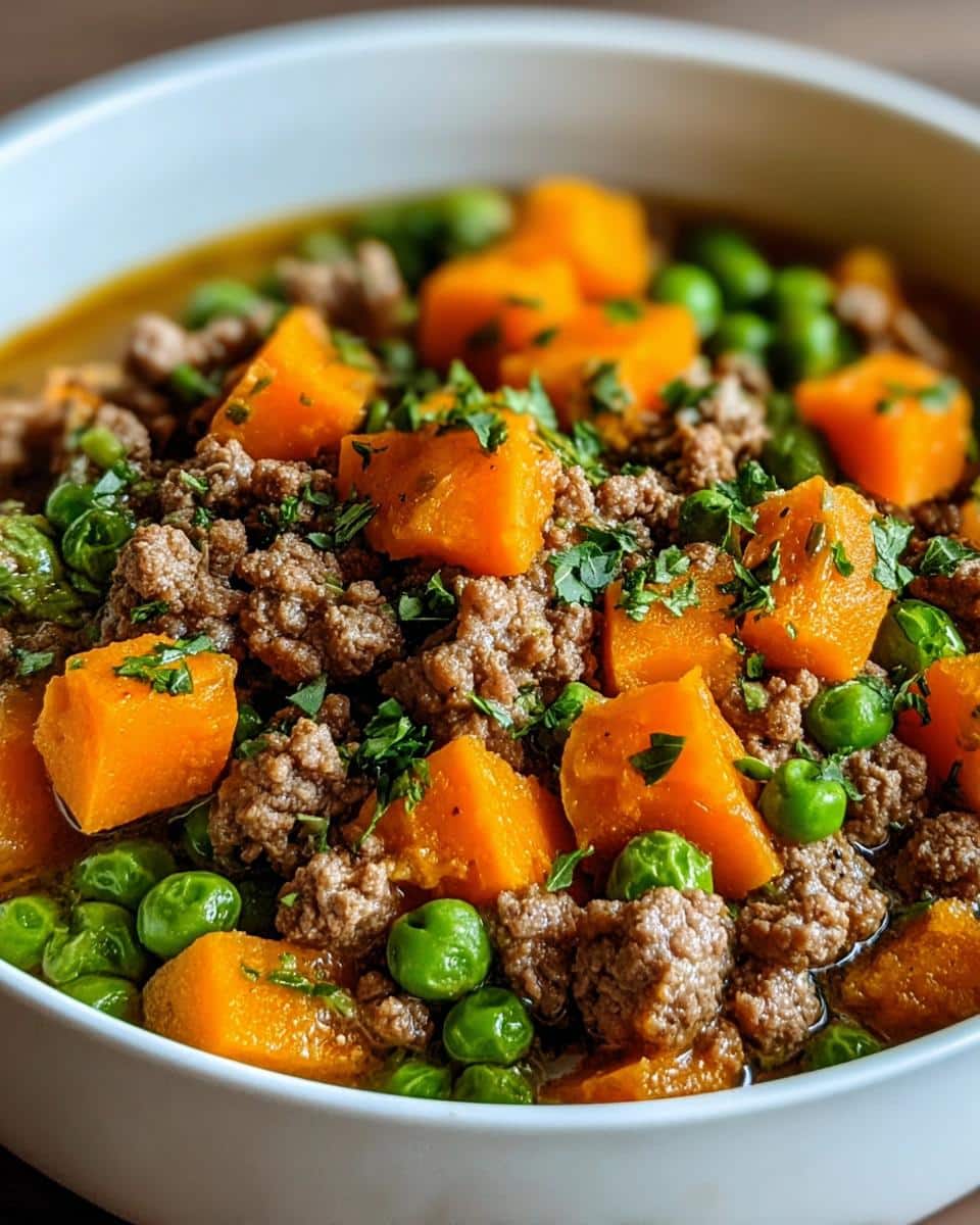 Close-up of homemade Beef, Sweet Potato & Peas Mini-Batch Dog Food in a white bowl.