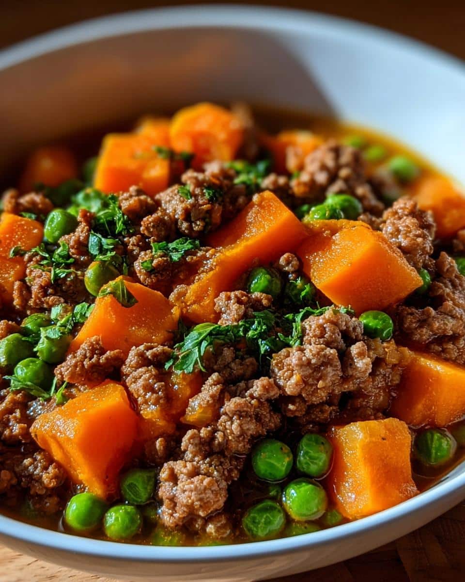 Close-up of homemade dog food featuring ground beef, cubed sweet potato, and green peas, garnished with parsley.
