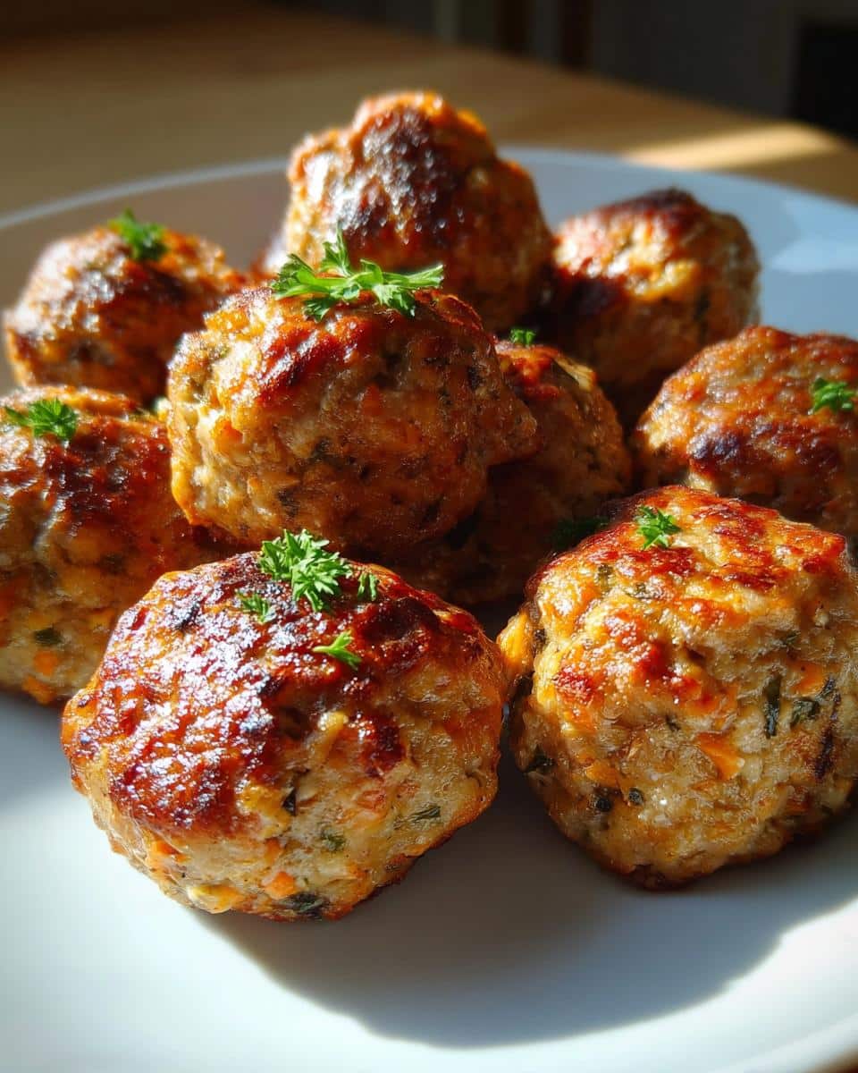 Close-up of several golden brown Beef & Veggie Puppy Patties garnished with fresh parsley on a white plate.