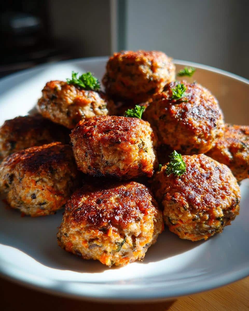 A close-up of several golden-brown Beef & Veggie Puppy Patties stacked on a white plate, garnished with parsley.