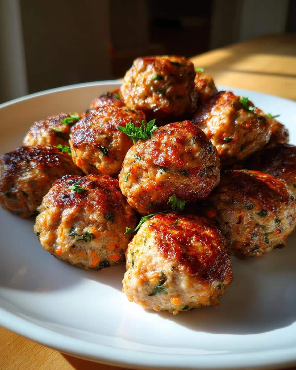 A stack of freshly cooked, golden brown Beef & Veggie Puppy Patties garnished with parsley on a white plate.