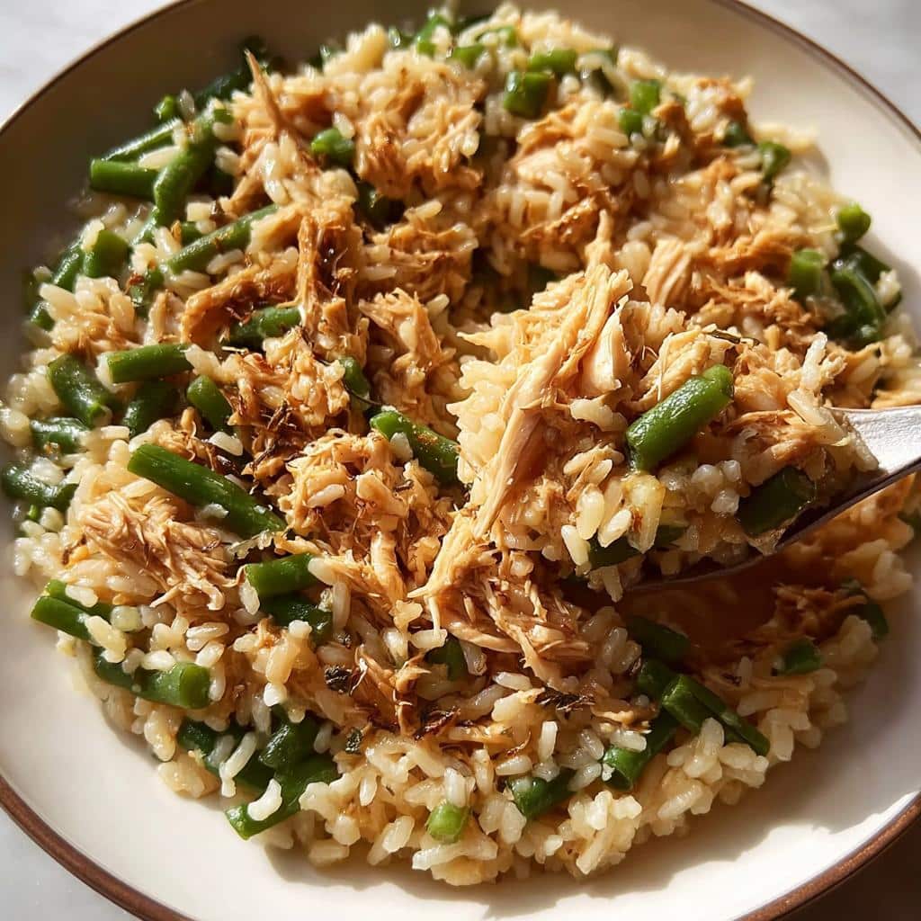 A spoonful of Big-Batch Chicken & Brown Rice Homemade Dog Food mixture with shredded chicken, brown rice, and green beans.
