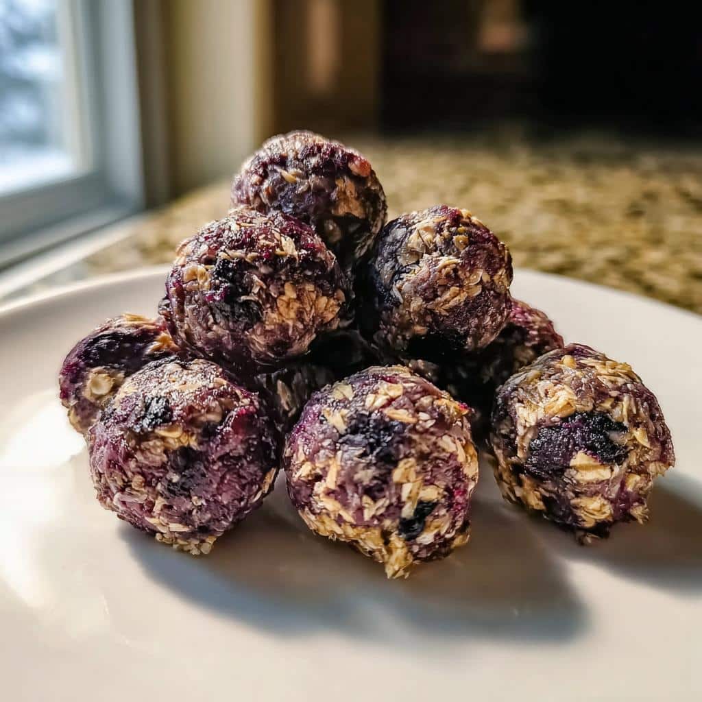 Pile of homemade blueberry oatmeal bites, resembling dog treats, made for Venison, Oatmeal & Blueberries Dog Food.