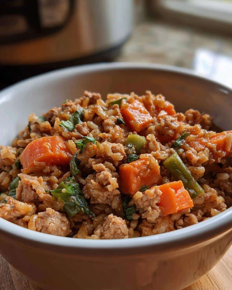 Close-up of a white bowl filled with homemade Slow Cooker Dog Food featuring ground meat, brown rice, carrots, and greens.