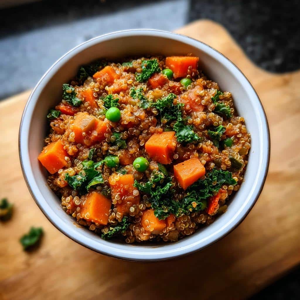 Overhead view of a bowl of homemade Vegan Dog Food featuring quinoa, diced sweet potato, peas, and kale.