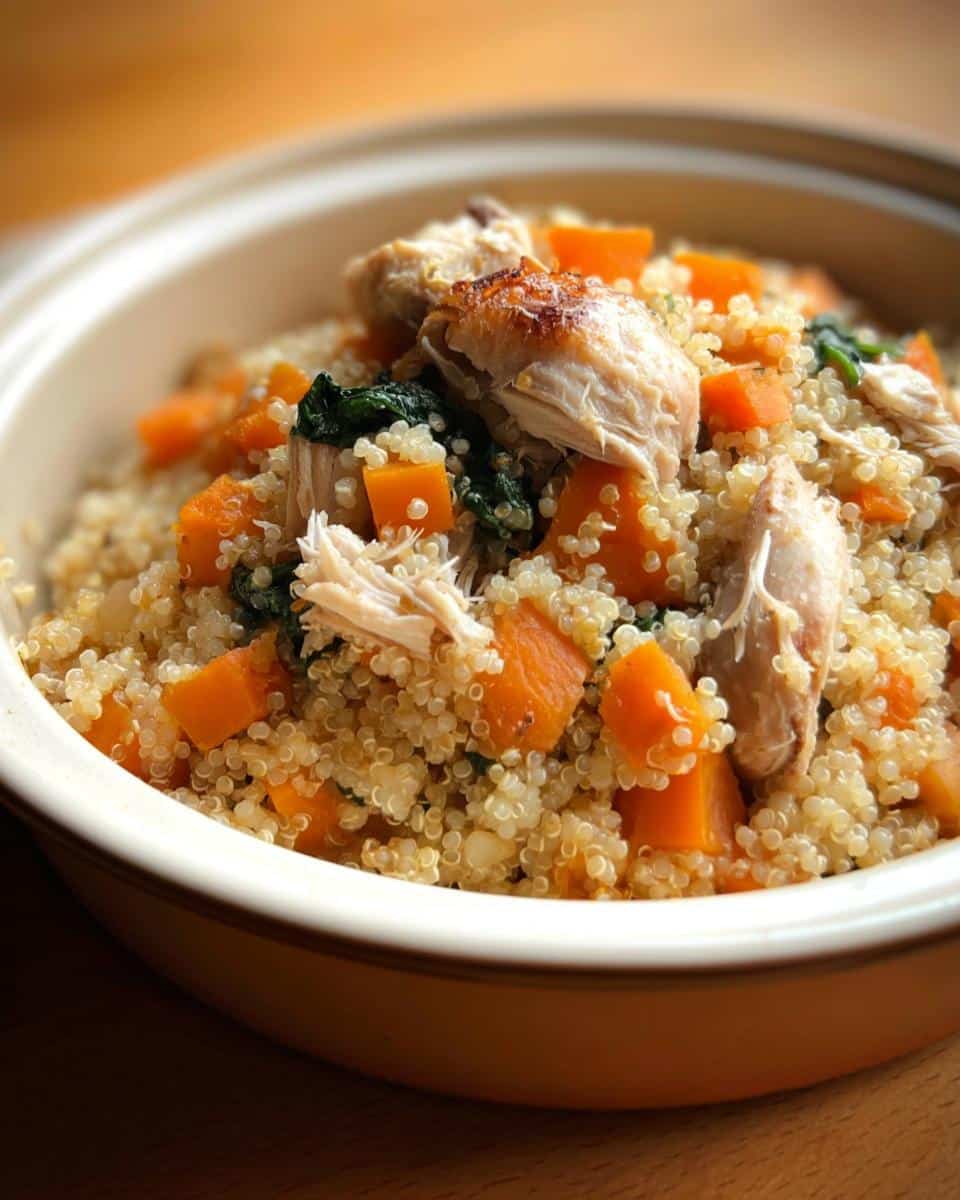 Close-up of a bowl containing Cheap Homemade Dog Food Recipes Crockpot mix: quinoa, diced sweet potato, spinach, and shredded chicken.