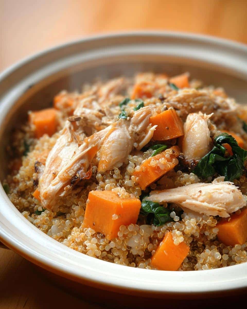 Close-up of homemade dog food featuring shredded chicken, quinoa, diced sweet potato, and spinach, perfect for Cheap Homemade Dog Food Recipes Crockpot.