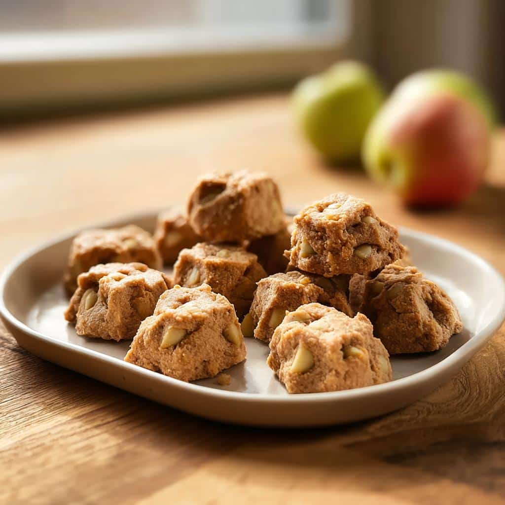 A plate of homemade Chicken and Apple Farmer’s Dog Food Recipe treats with whole apples blurred in the background.