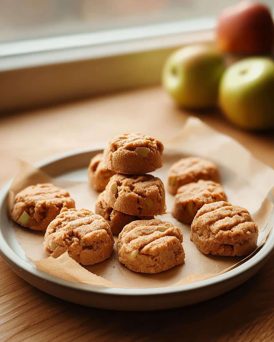 Small, round, baked dog treats featuring visible apple pieces, suggesting the Chicken and Apple Farmer’s Dog Food Recipe.