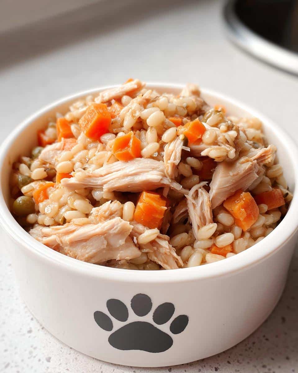 Close-up of shredded chicken, barley, carrots, and peas served in a white dog bowl for the Chicken and Barley Farmer’s Dog Food Recipe.