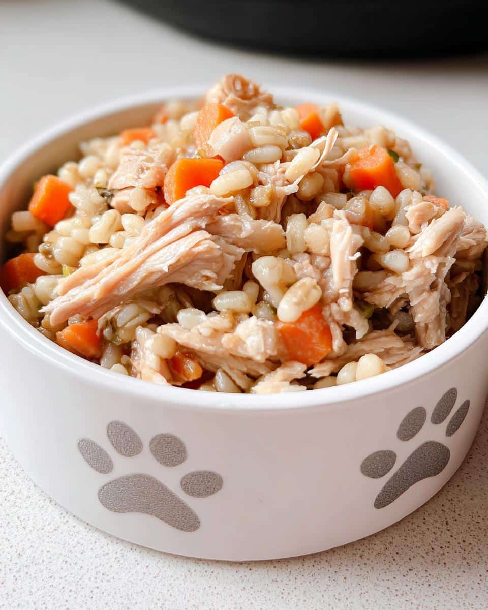 Close-up of homemade Chicken and Barley Farmer’s Dog Food Recipe in a white bowl decorated with paw prints.