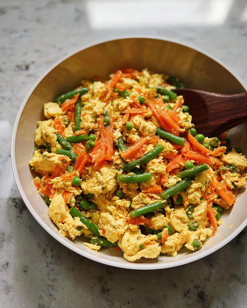 A bowl filled with homemade Chicken and Egg Farmer’s Dog Food Recipe, mixed with shredded carrots, green beans, and peas.