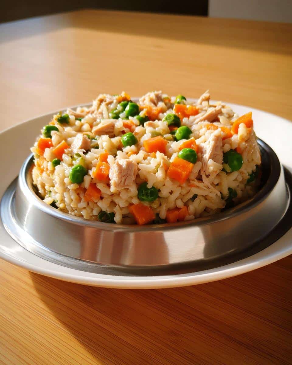 A molded serving of Chicken and Rice Delight Dog recipe featuring rice, shredded chicken, peas, and carrots in a metal bowl.