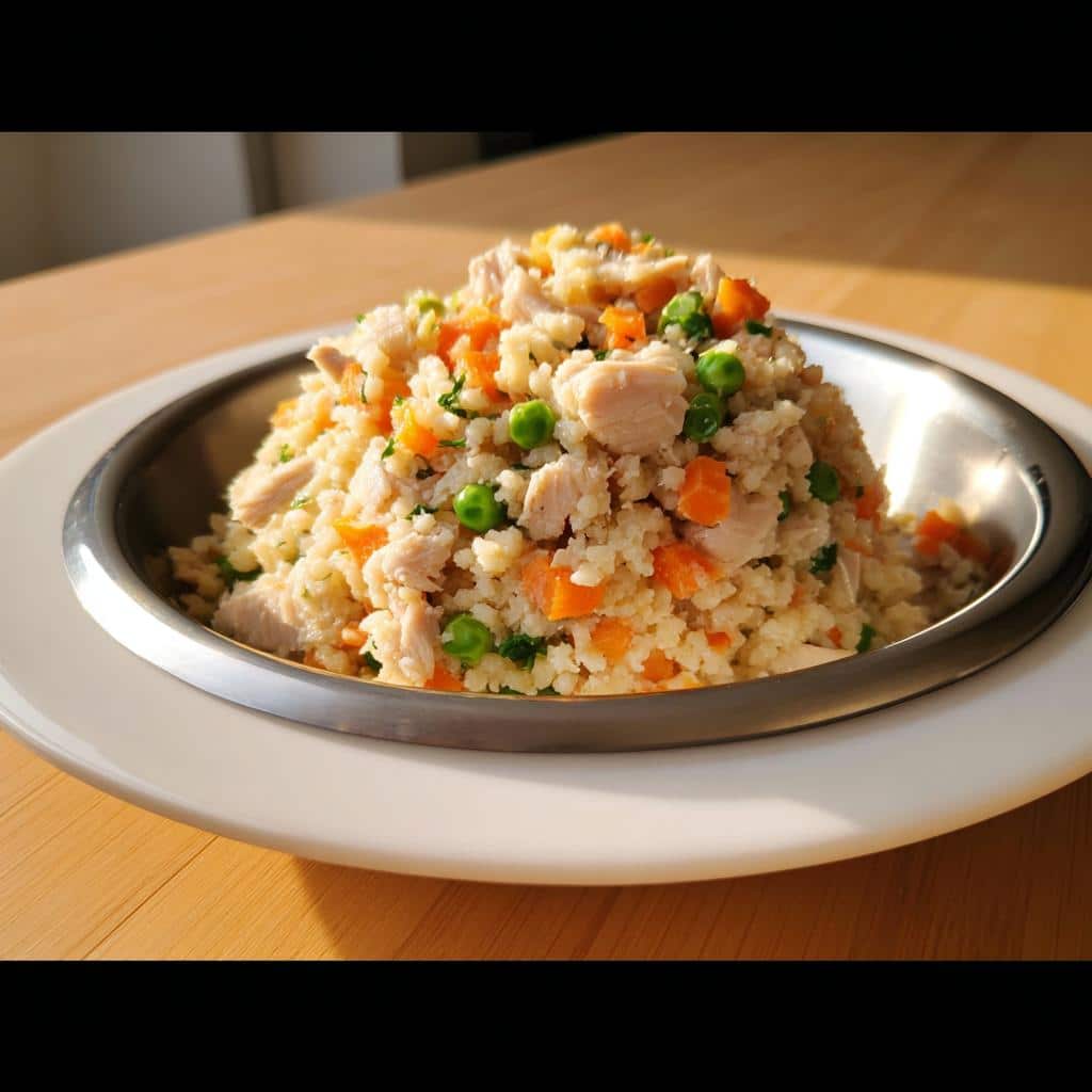 A mound of Chicken and Rice Delight Dog recipe mixture, featuring rice, chicken chunks, peas, and carrots, served in a metal bowl.
