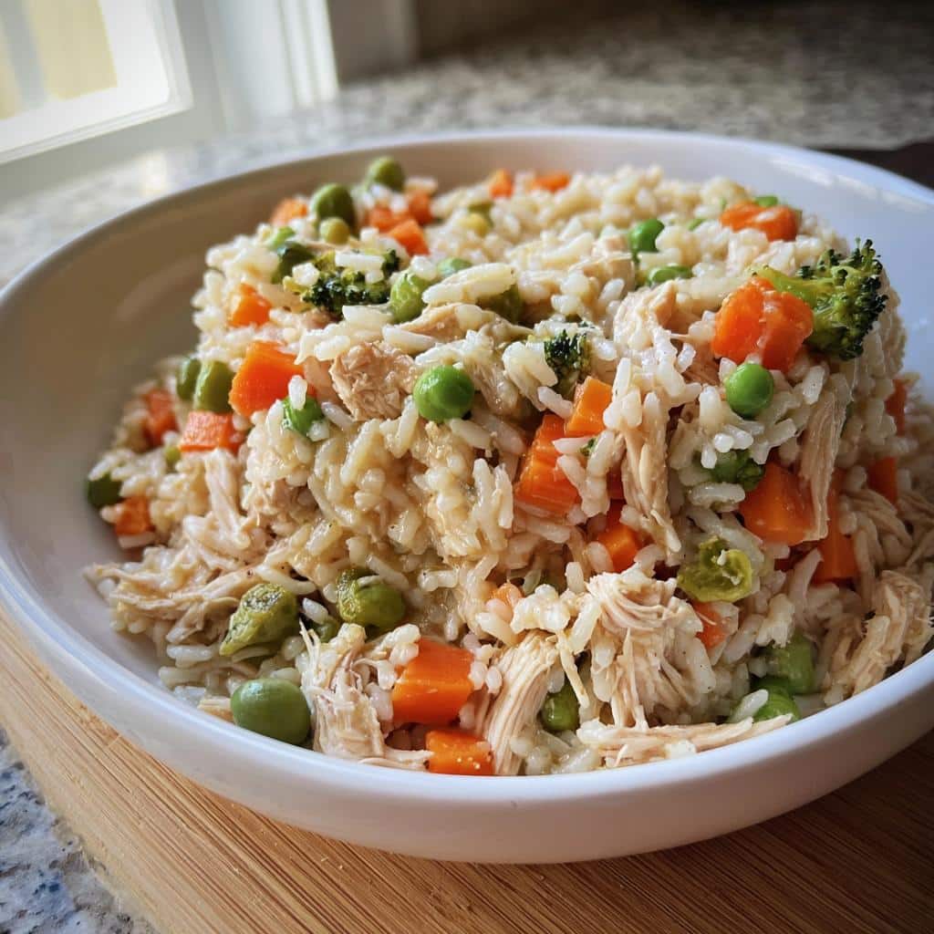 Close-up of a white bowl filled with homemade Chicken and Vegetable Farmer’s Dog Food Recipe, featuring shredded chicken, rice, carrots, peas, and broccoli.