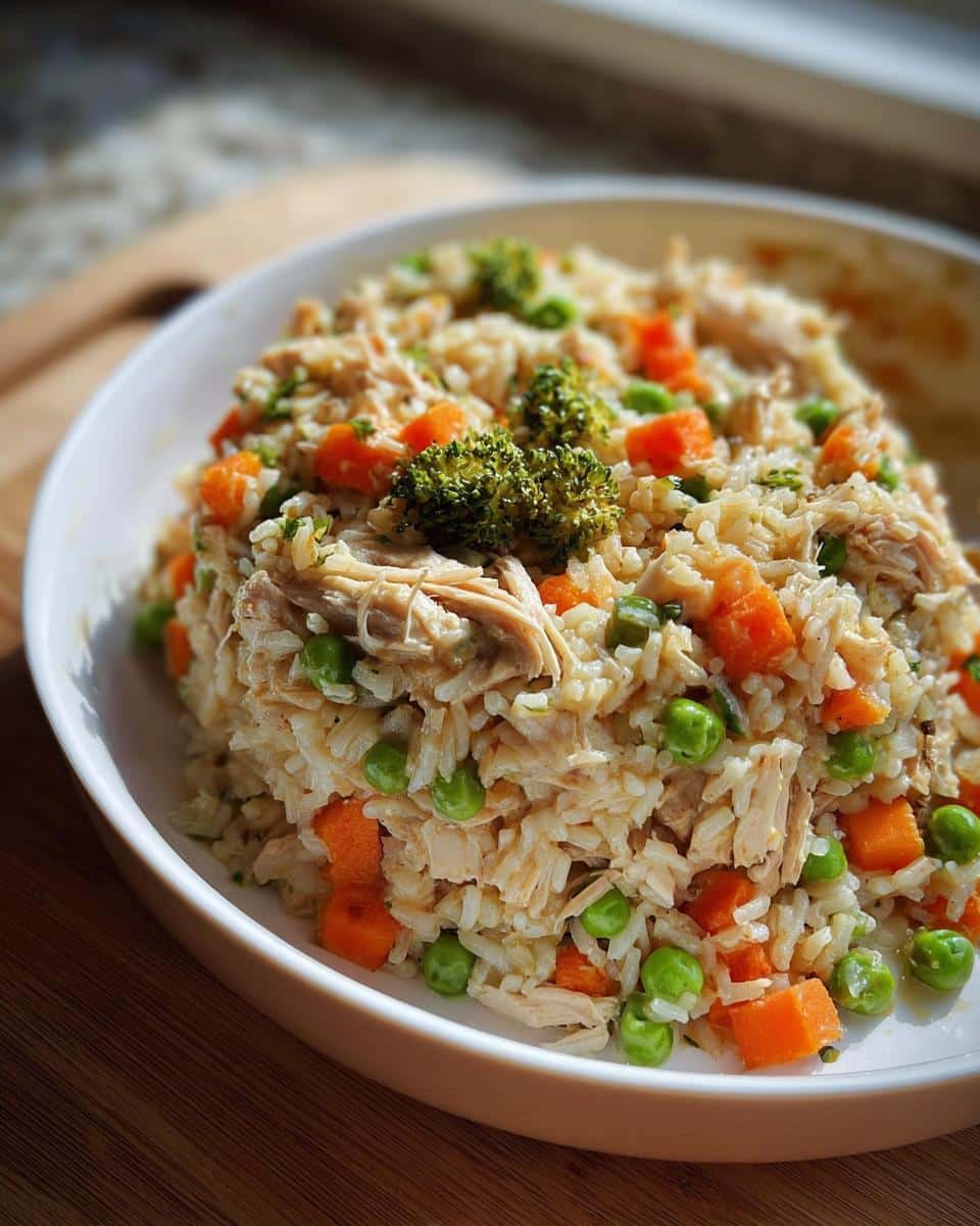 A bowl filled with homemade Chicken and Vegetable Farmer’s Dog Food Recipe, featuring shredded chicken, rice, peas, carrots, and broccoli.