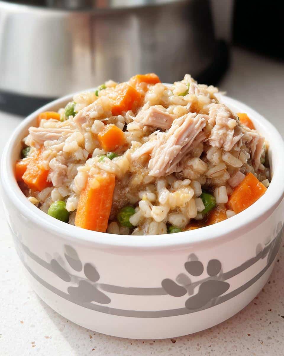 A white dog bowl filled with homemade Chicken, Barley & Carrots Homemade Dog Food (Large Dogs) mixture.