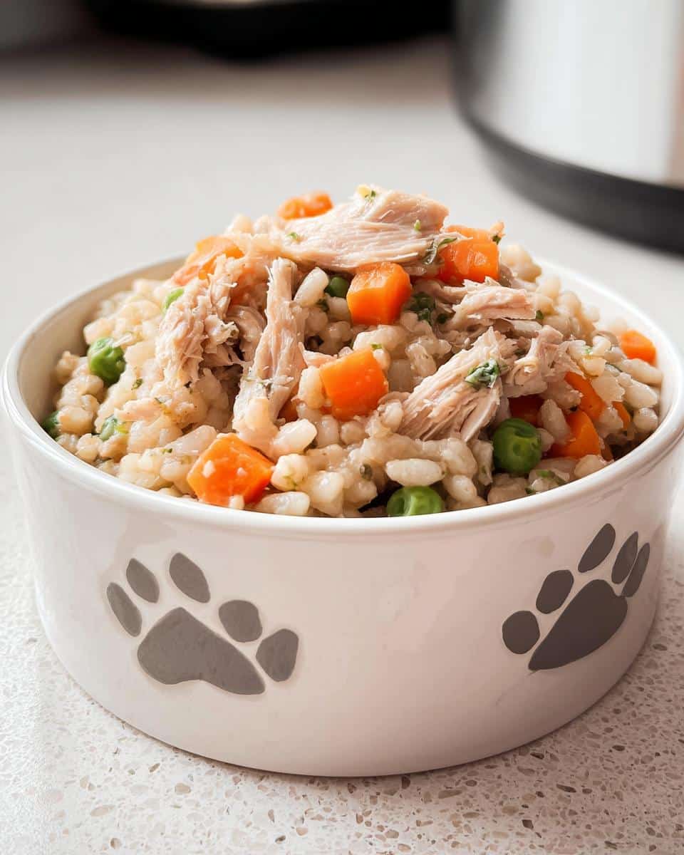 A white dog bowl decorated with paw prints, filled with homemade Chicken, Barley & Carrots Dog Food.