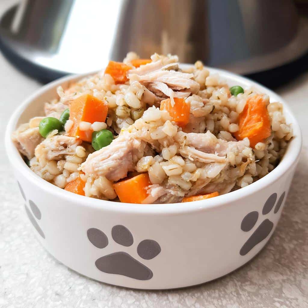 Close-up of homemade Chicken, Barley & Carrots Homemade Dog Food in a white bowl with paw prints.