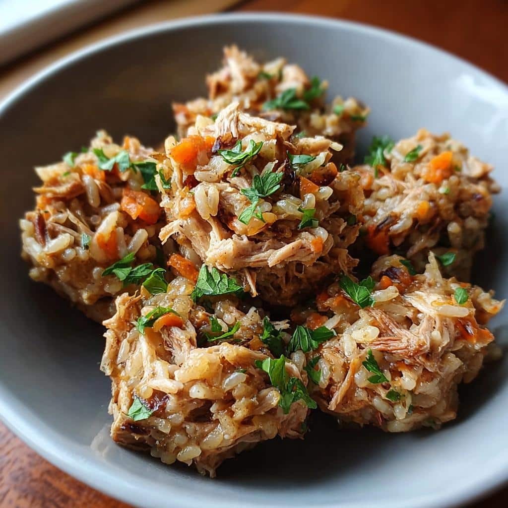 Portions of homemade Chicken & Brown Rice Mini-Batch Dog Food, molded and topped with fresh parsley.
