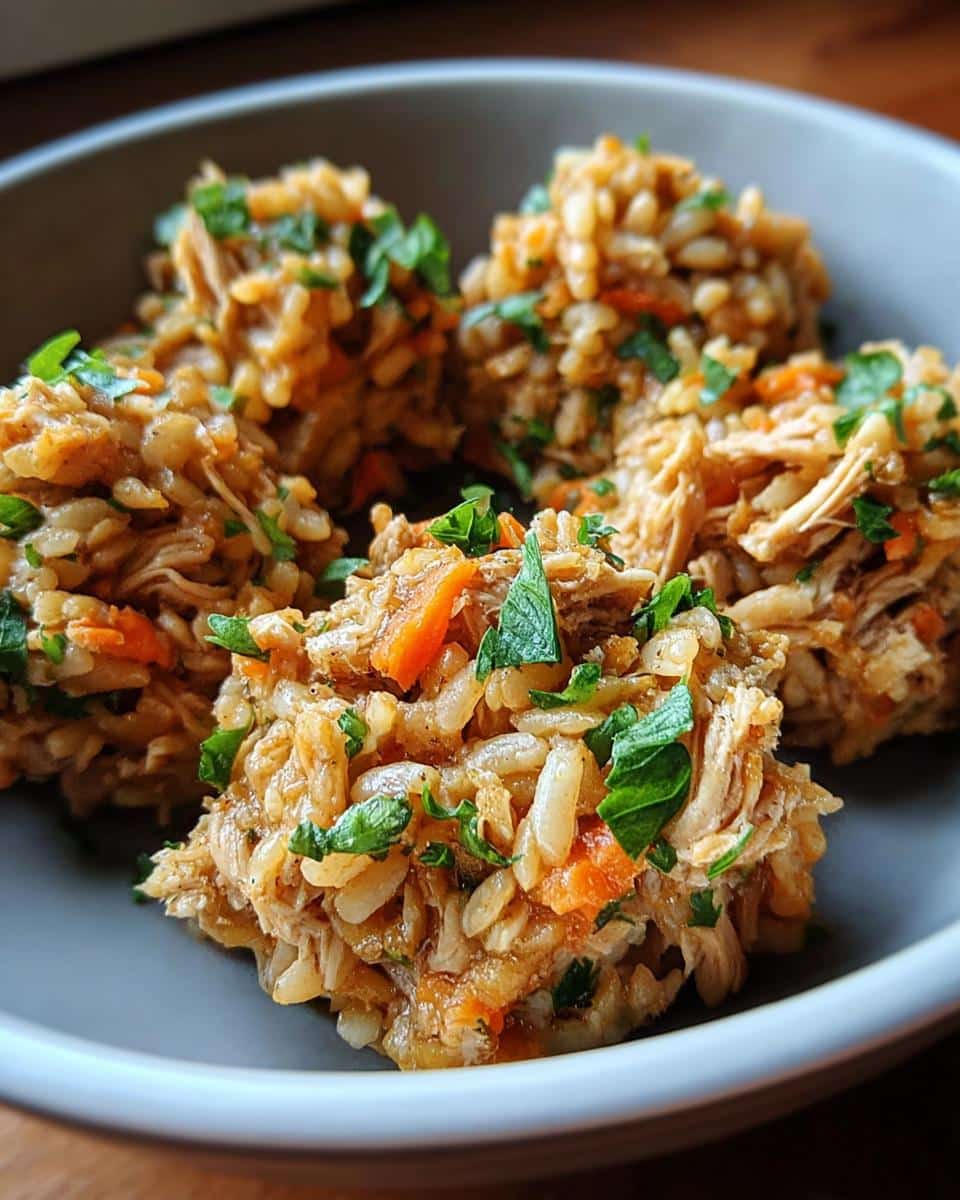 Four small portions of Chicken & Brown Rice Mini-Batch Dog Food, mixed with carrots and topped with parsley.