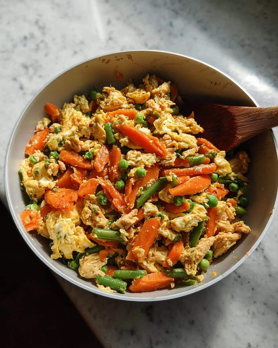 Scrambled eggs mixed with shredded chicken, carrots, peas, and green beans for the Chicken and Egg Farmer’s Dog Food Recipe.