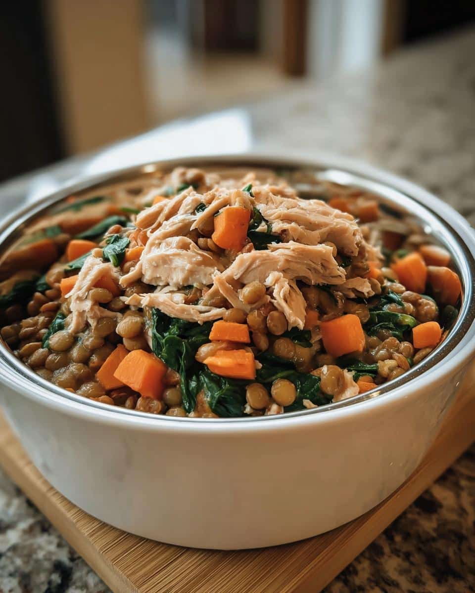 A white bowl filled with homemade Chicken, Lentils & Carrots Mini-Batch Dog Food, topped with shredded chicken.