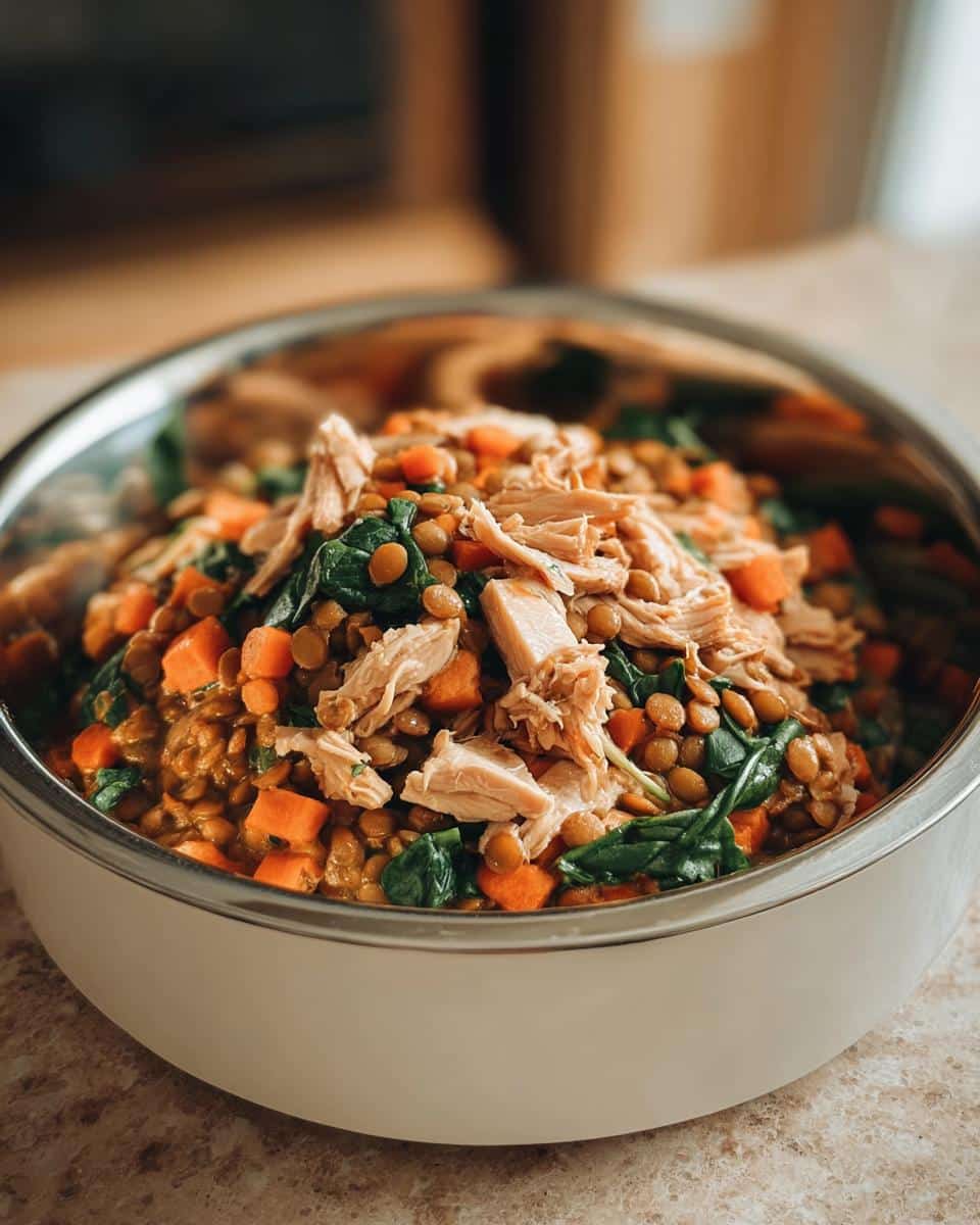 Close-up of homemade Chicken, Lentils & Carrots Mini-Batch Dog Food in a stainless steel bowl.