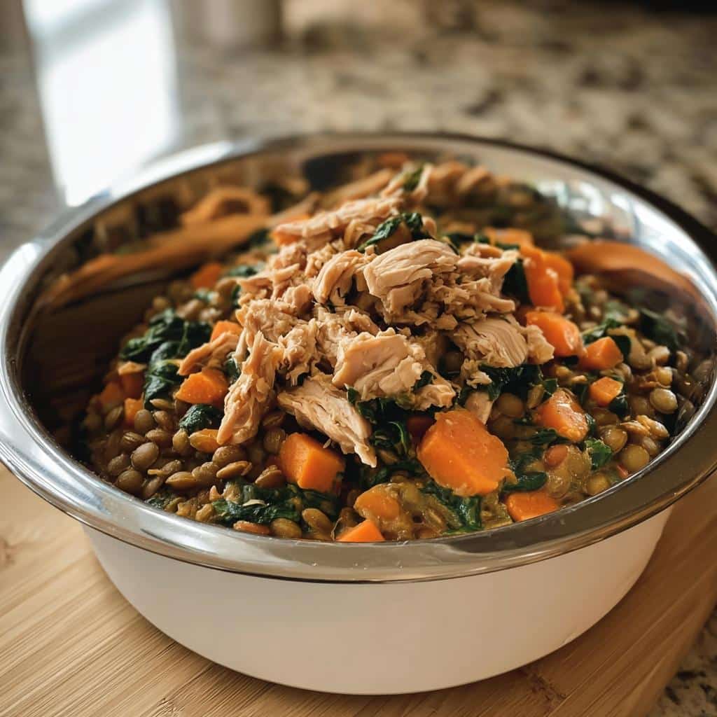 A stainless steel bowl filled with homemade Chicken, Lentils & Carrots Mini-Batch Dog Food, topped with shredded chicken.