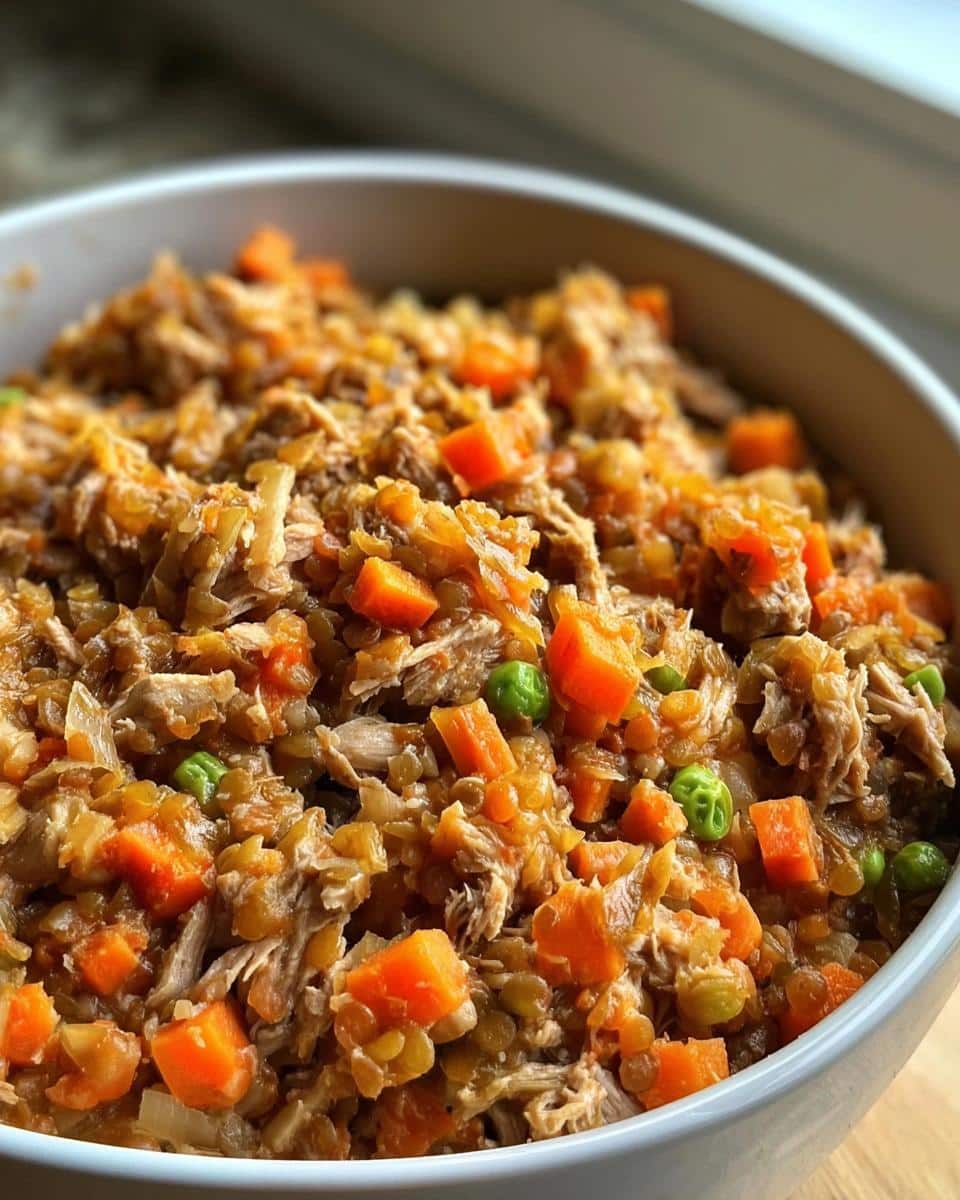 Close-up of homemade Chicken, Lentils & Carrots Homemade Dog Food mixture in a light bowl.