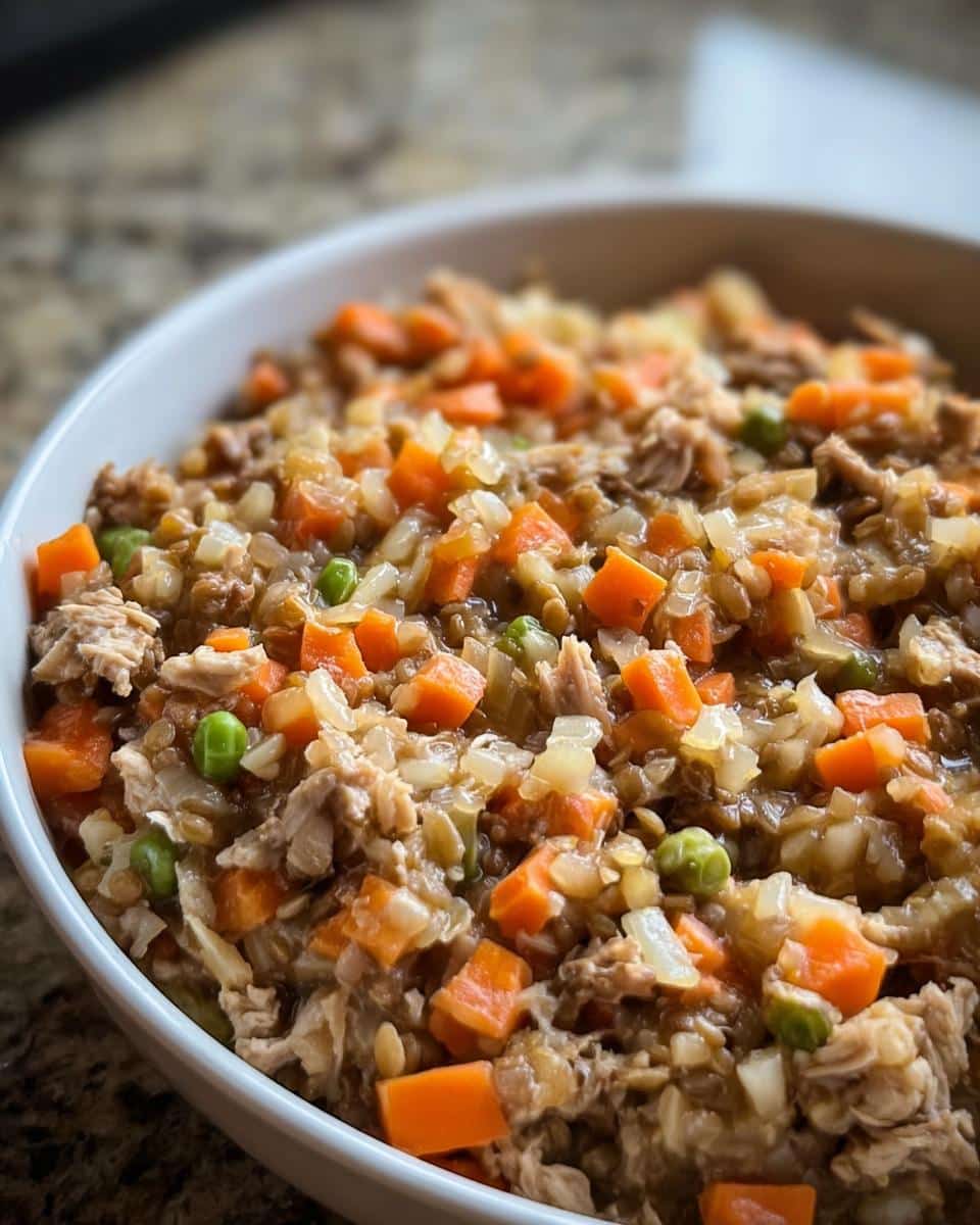 Close-up of homemade Chicken, Lentils & Carrots Homemade Dog Food in a white bowl.