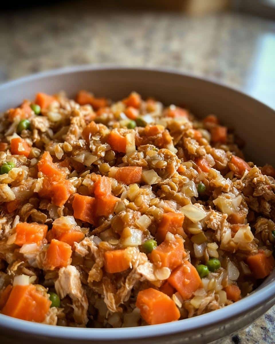 Close-up of homemade Chicken, Lentils & Carrots Dog Food in a bowl, featuring shredded chicken and diced carrots.