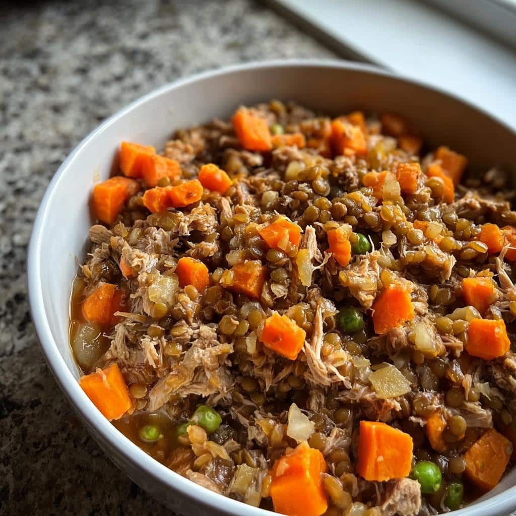 Close-up of a white bowl filled with homemade Chicken, Lentils & Carrots Homemade Dog Food, showing shredded chicken, green lentils, and diced carrots.