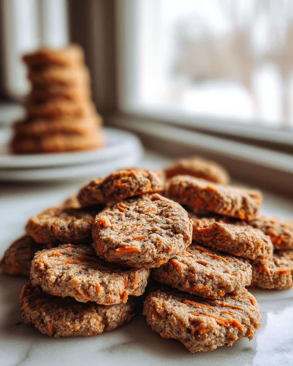 A pile of round, baked dog treats made with the Chicken Liver and Carrot Blend dog recipe, featuring visible shreds of carrot.