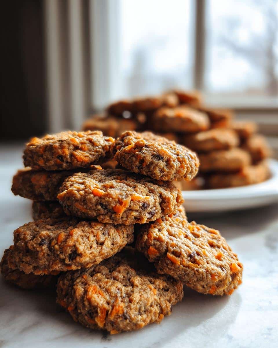A stack of homemade dog treats made with chicken liver and carrot blend, showing visible shredded carrots.
