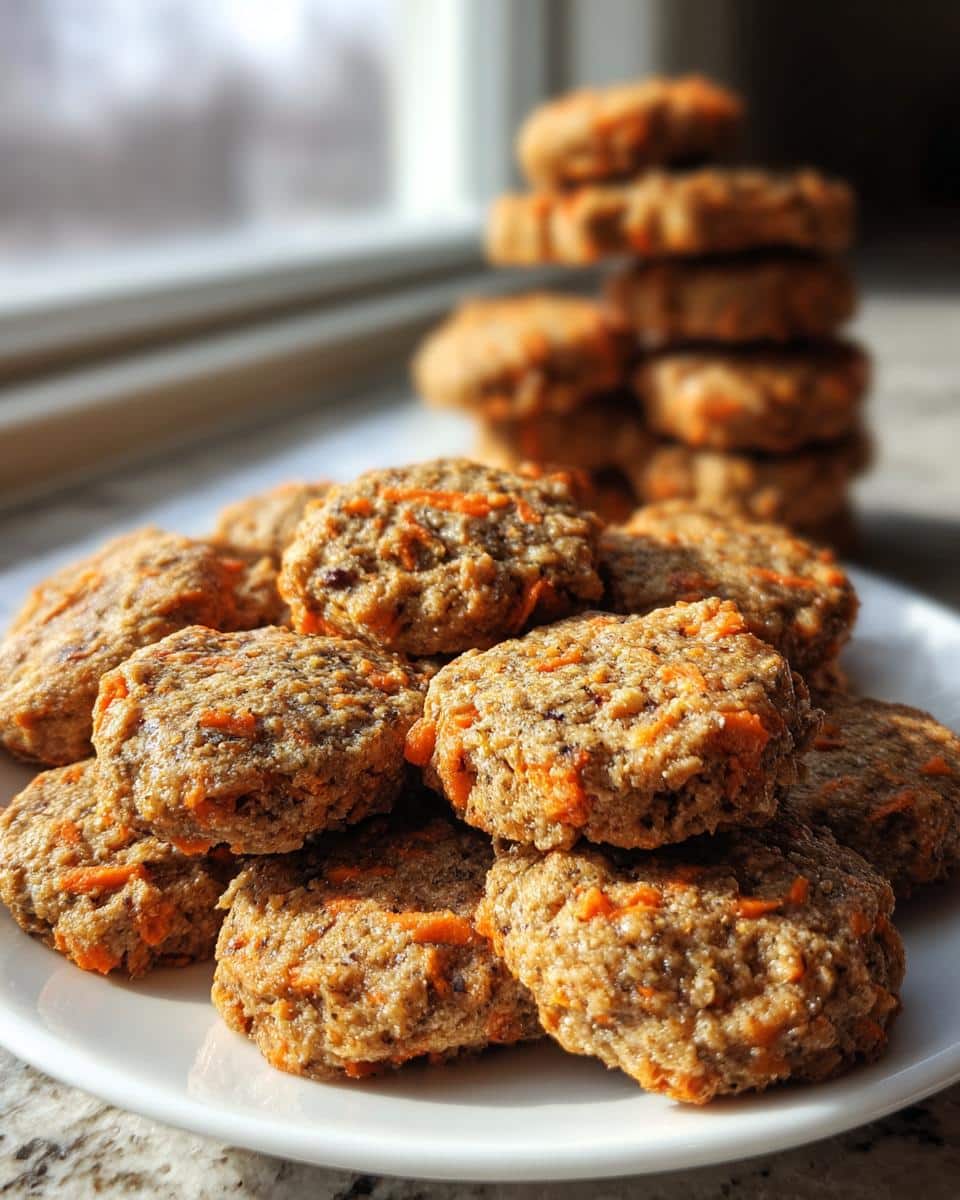 A pile of homemade Chicken Liver and Carrot Blend Dog recipe treats stacked on a white plate.