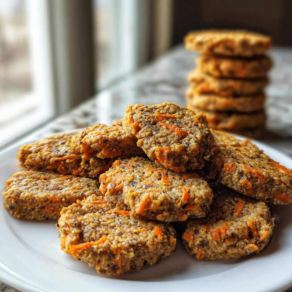 A pile of homemade Chicken Liver and Carrot Blend Dog recipe treats on a white plate.