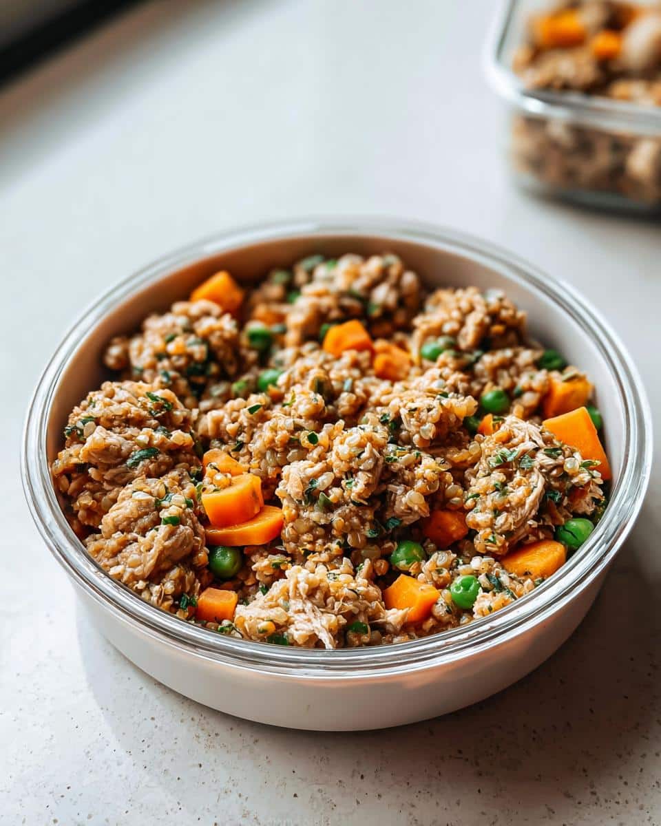 Close-up of a bowl filled with homemade Chicken, Millet & Veggies Mini-Batch Dog Food, featuring shredded chicken, millet, peas, and carrots.