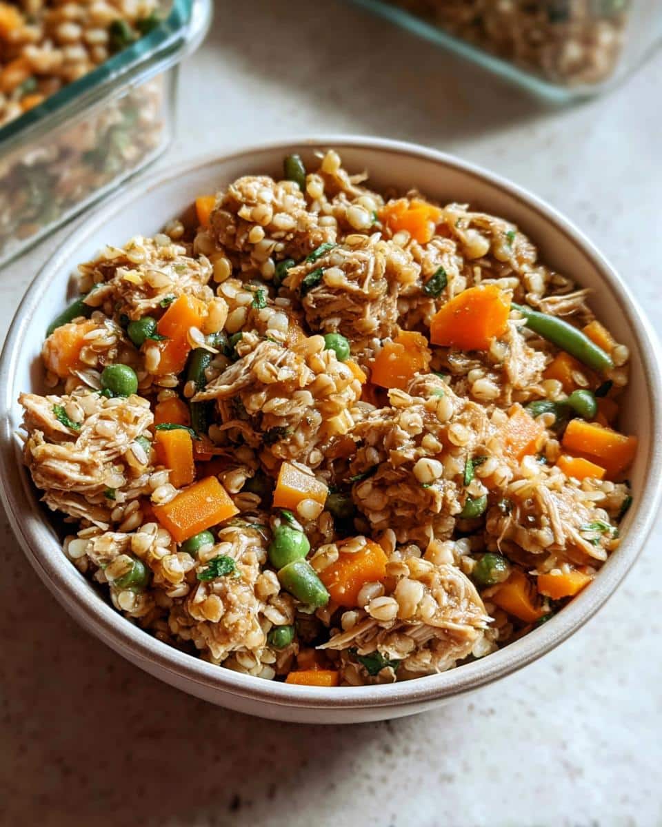 Close-up of a bowl filled with homemade Chicken, Millet & Veggies Mini-Batch Dog Food for small dogs.