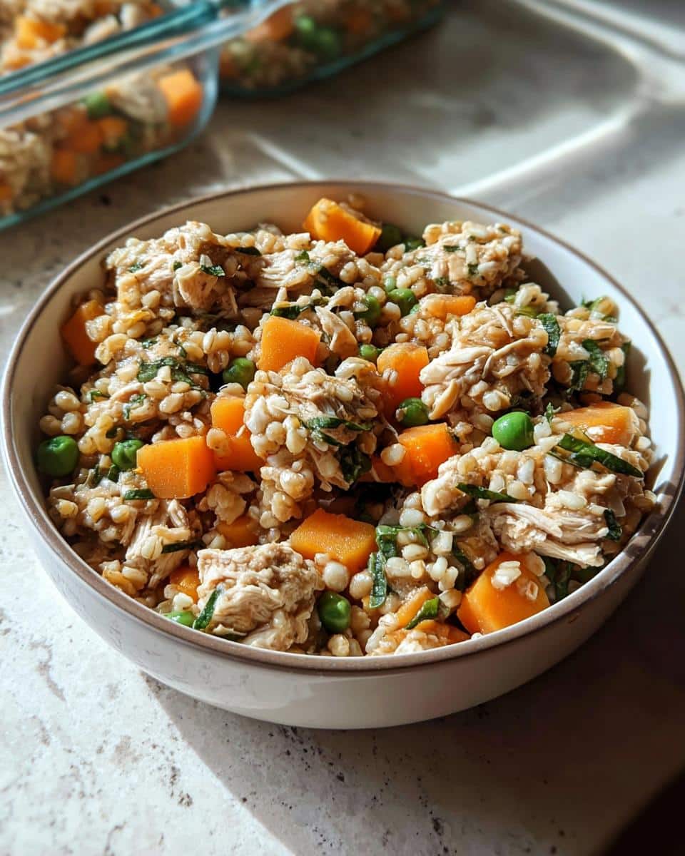 Close-up of a bowl filled with Chicken, Millet & Veggies Mini-Batch Dog Food, showing shredded chicken, millet, peas, and diced sweet potato.